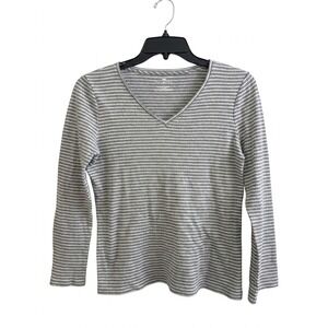 Talbots Top Metallic Stripe Long Sleeve V-Neck Gray Size Large